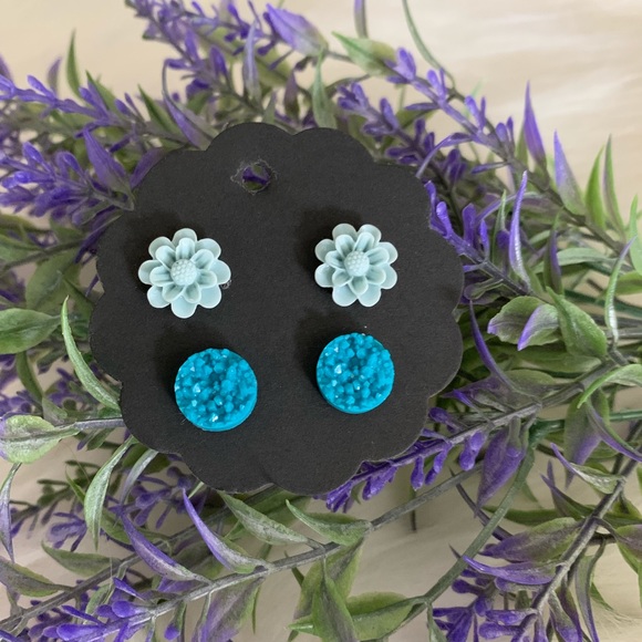 Jewelry - NWT Floral Teal Raw Druzy Earring Stud Duo Set